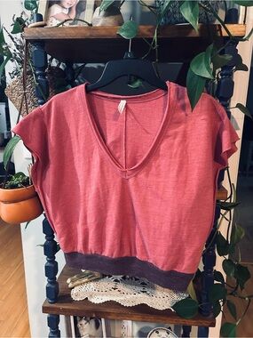 FP Movement by Free People Pink V‑Neck Cropped Top with Contrast Hem